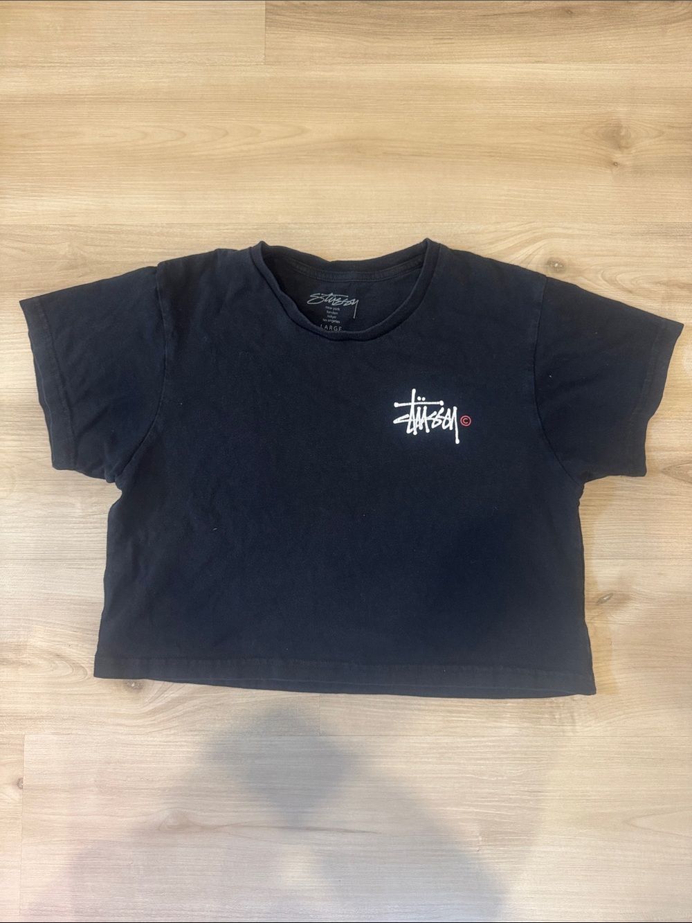 Ladies Large Vintage Stussy Crop Top Black Tshirt with Graphic print white Logo